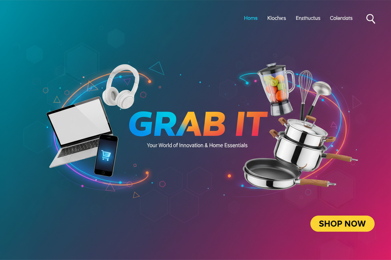 make me an image banner for a brand name "GRAB IT" that sells electrnic n kitchen products
